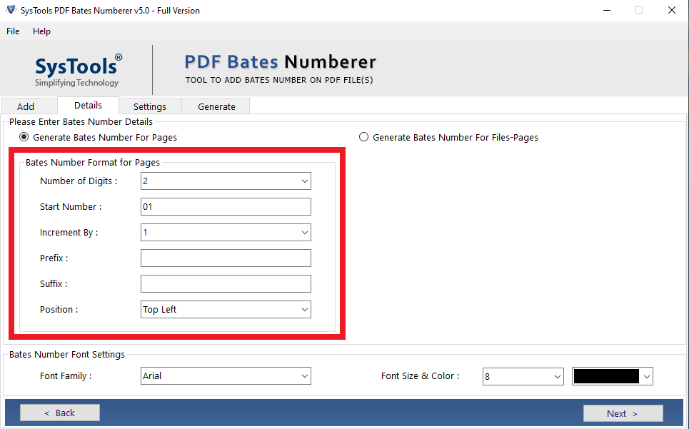 Setting Bates number format