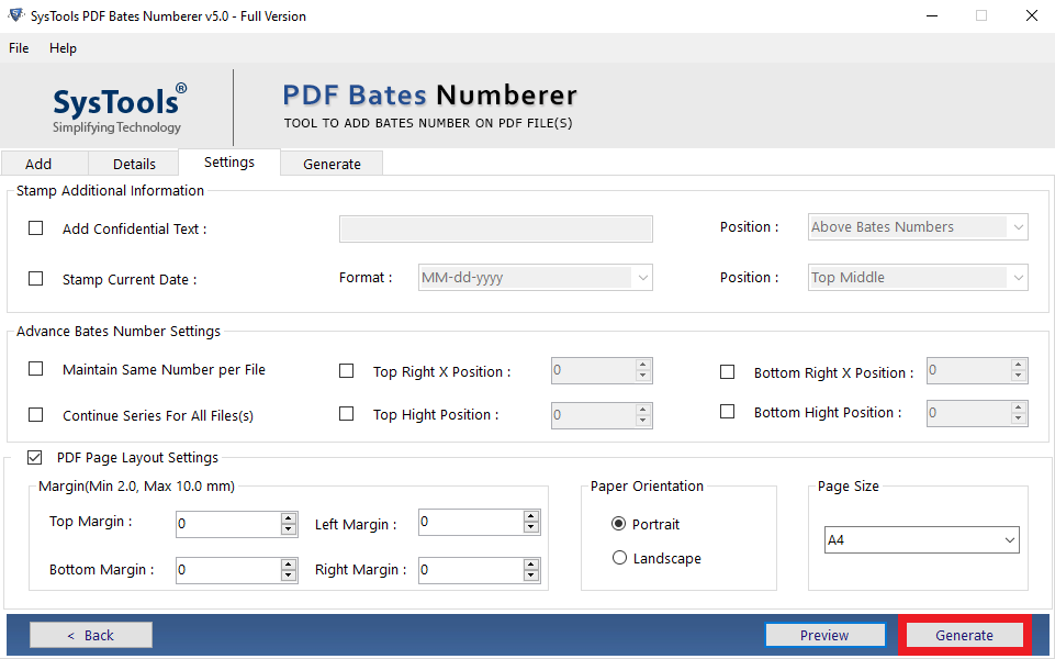Generate button for Bates numbering