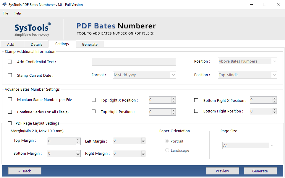 Advanced settings for Bates numbering