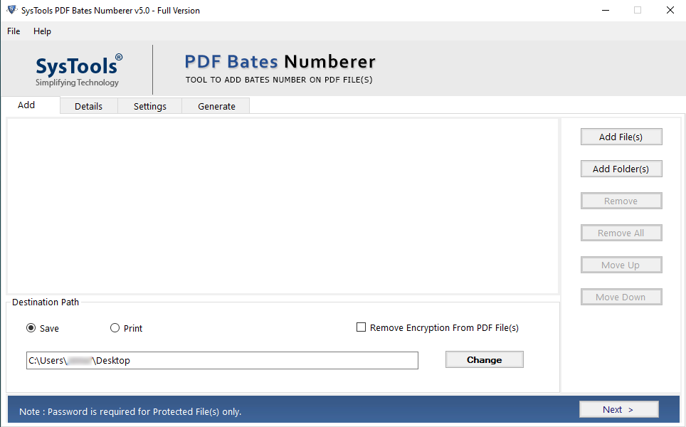 PDF Bates Numberer main interface